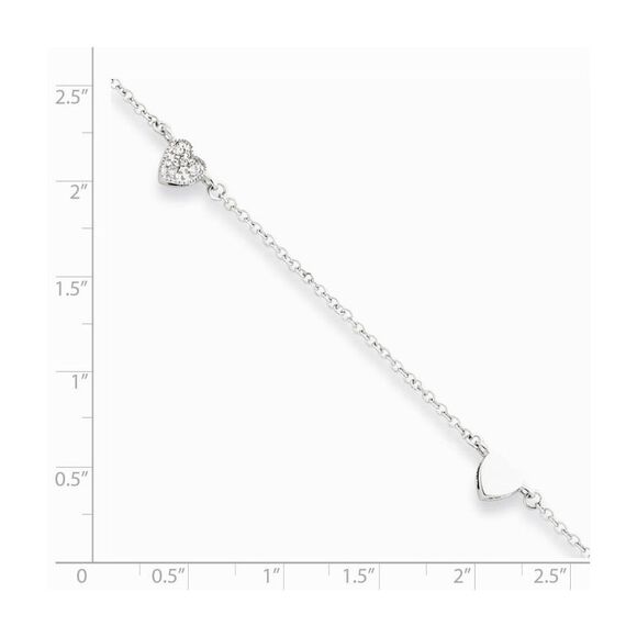 Sterling Silver Polished and CZ Heart Station Anklet, 9-10 Inch